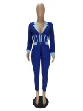 Solid Color Turndown Collar Colorblock Long Sleeve Pant Set