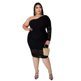 Plus Size Lavish One Shoulder Double-layer Mesh Pleated Dress - Black
