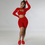 Red Solid Color Sports Long Sleeves Shawl Vest & Shorts 3 Piece Set