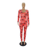 Casual Pattern Printed V Neck Home Jumpsuit