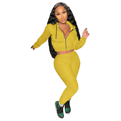 Autumn Solid Color Yellow Hooded Sweatsuit Sportswear Pant Set