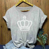Casual Grey O Neck Crown Hot Drill T-shirt Tops