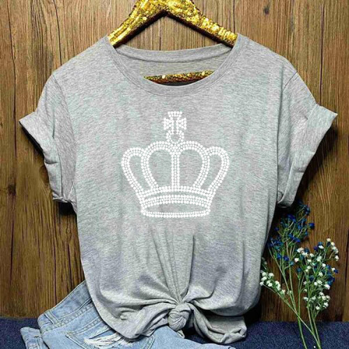 Casual Grey O Neck Crown Hot Drill T-shirt Tops