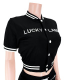 Casual Black Embroidered Letter Pocket Baseball Jersey set Single-breasted Tracksuit Shorts Two Pieces
