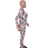 Hole Net Zipper Print Jumpsuit