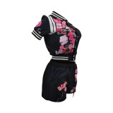 Fashion Casual Printed Baseball Uniform Short Sleeve 2 Piece Outfits