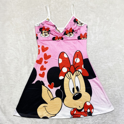 Sexy Loungewear Summer Cartoon Pattern Printed Spaghetti Strap Homewear Dress