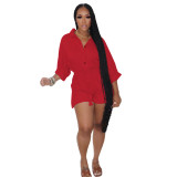 Solid Color Red Convertible Collar Ruffled Short Romper
