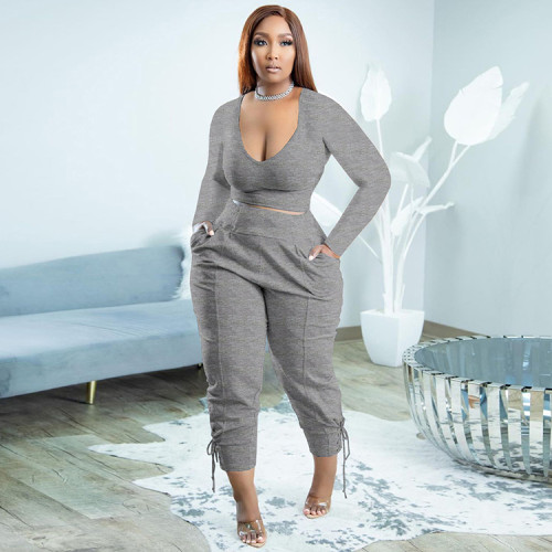 Grey Casual Solid Bandage Patchwork V Neck Plus Size Two Pieces Pant Set