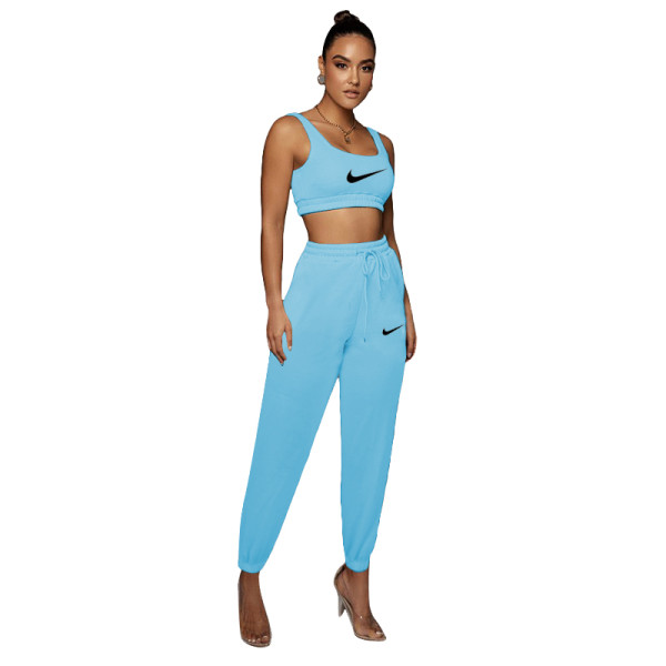 Solid Color Printed Sports Vest and Trousers Two Piece Pant Set