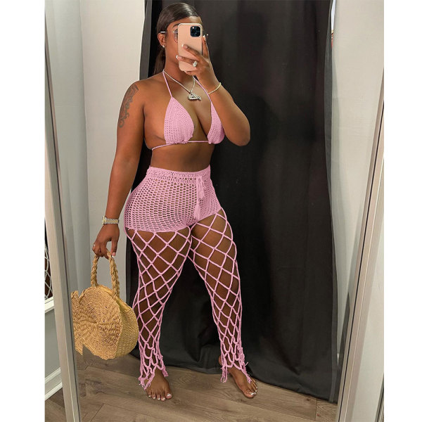 Sexy Pink Beach Fishnet Perspective Hollow Halter Crop Top Two Piece