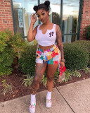 Casual Double Cross Print Collar Sleeveless Gathering Crop Top & Short Two Piece