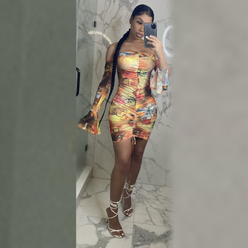 Sexy Print Fold Off The Shoulder Pencil Skirt Dress