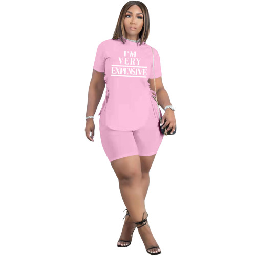 Casual Pink Letter Print Slit Eyelet Lace Up O Neck Short Sleeve Tracksuit Shorts Set