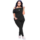 2022 Summer Loose Black Slanted shoulder Breasted Shirring Two Pieces Sets