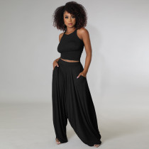 Black Casual Knitted Straps Backless Top & Pleated Harem Pants