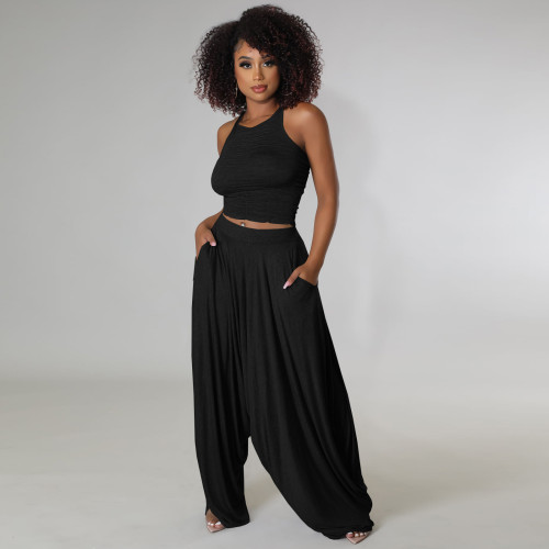 Black Casual Knitted Straps Backless Top & Pleated Harem Pants