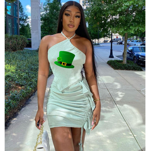 Wholesale Pale Green Print Halter Backless Pleated Skirt Set 2 Piece