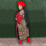 Spring Short Sleeves Leopard Patch Patchwork Plaid Slit Print Long Coat