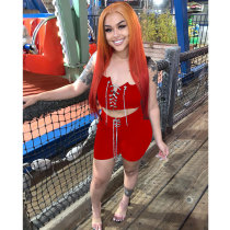 Solid Color Casual Red Sleeveless Women's Clothing Pit Lace Up Two Piece Shorts Set