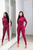 Solid Turtleneck Long Sleeve Bodycon Bodysuit Sports Elasticity Two Piece Pant Set