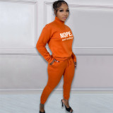 Casual Fleece Printed Letter High Neck Zipper Matching 2 Piece Jogger Sets For Women