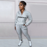 Autumn/Winter Fleece Printed Letter Pullover Zipper High Neck Casual Sports Two Pieces