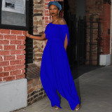 Royal Blue Casual Solid Split Joint Fold Asymmetrical Cross-Shoulder Short Sleeve Two Pieces