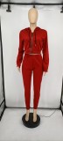 Autumn Solid Color Wine Red Hooded Sweatsuit Sportswear Pant Set