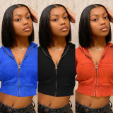 Casual Hooded Sports Crop Sweatsuit Top with 2 Pockets