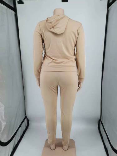 Solid Plus Size Khaki Printed Letter Zipper Hoodie Sweatpant Set with Pockets