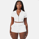 Solid White Zipper Cardigan Hooded Cropped Two-Piece Short Summer Set