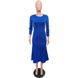Spring Solid Color Round Neck Back Zipper Mid Dress