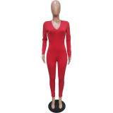 New Fashion Women Solid Long Sleeves Pleated Drawstring Skinny Casual Jumpsuit