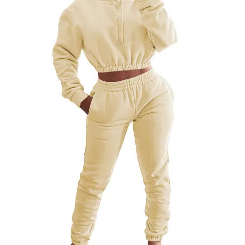 Light Yellow Velvet Thicken Sports Hoodie Jogging Pants Two Piece Winter Set For Women