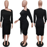 Plain Bandage Ruched Slant Neck Midi Dress
