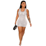 Summer Silver Sequin Casual U Neck Sleeveless Mini Dress