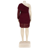 Plus Size Lavish One Shoulder Double-layer Mesh Pleated Dress - Wine Red