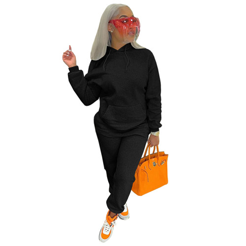 Solid Color Black Fleece Sweatshirt Hoodie Women Pant Set