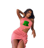 Wholesale Pink Print Halter Backless Pleated Skirt Set 2 Piece