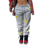 Casual Grey Smiley Print Long Sweatpants