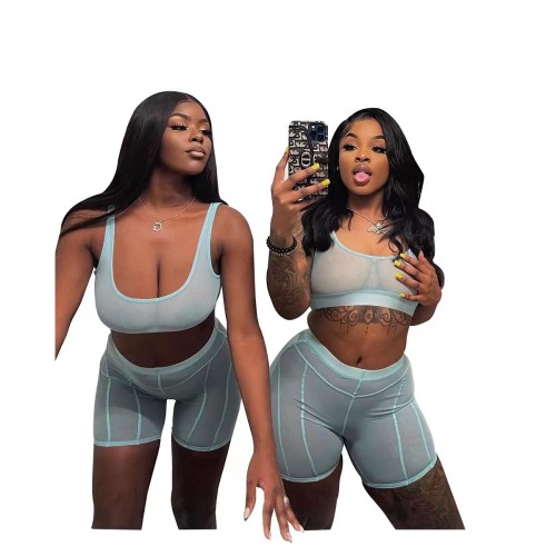 Sexy Solid Split Joint Mesh See Through U Neck Sleeveless Crop Vest Two Pieces
