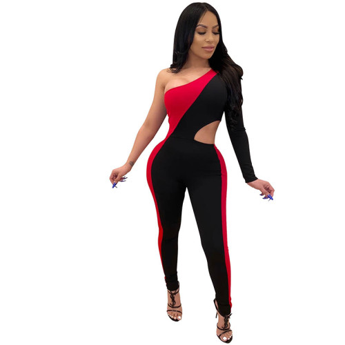 Solid Color Stitching One Shoulder Cutout Jumpsuit