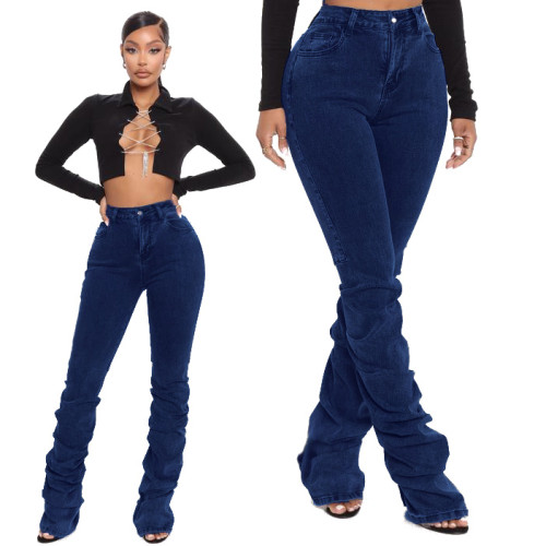 Washed Pleated Trousers Denim Stacked Jeans