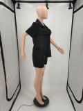 Solid Color Single-breasted Turndown Neck Summer Two Piece Short Set