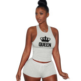 Casual Light Grey Queen Print Sleeveless Sports Vest and Shorts Set