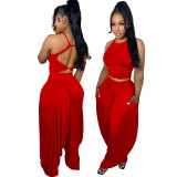 Red Casual Knitted Straps Backless Top & Pleated Harem Pants