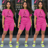Mother's Day Heart Print Sports Shorts Set Two Piece - Rose