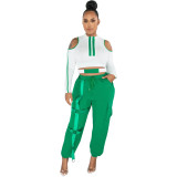 Fashion Stitching Hollow Out Cold Shoulder 2 Piece Pant Set