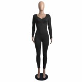 Solid Color Black Spring Thin V Neck Pleated One Piece Jumpsuit